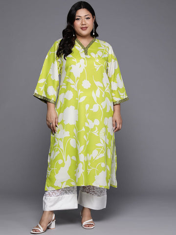 Varanga Women Plus Size Lime Green Floral Printed Kurta With V Neck And Three Quarter Bell Sleeves Pl24 Vkur1071